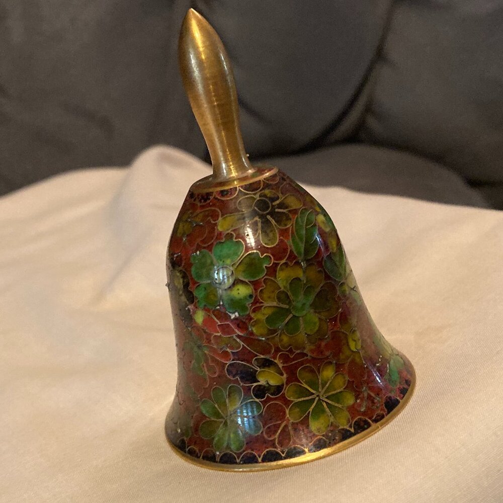 VTG 1970 Multicolor Flower Cloisonne Brass Bell w/Glass Bead Ringer-3.25" H-EUC